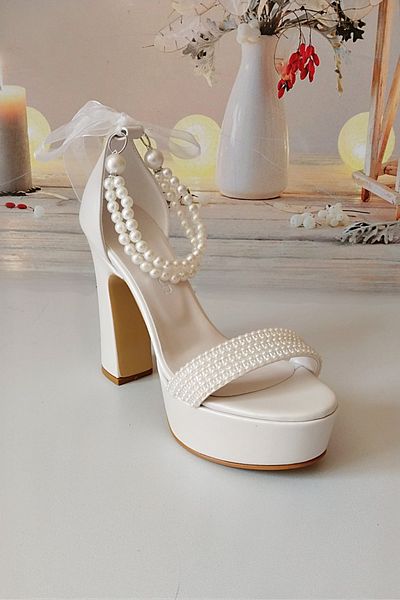 Modavien Women's 13 cm Platform Ecru Ankle Pearl Bridal Shoes