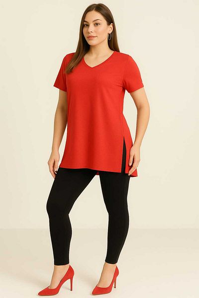gigigiyim V-Neck Side Slit Viscose Fabric Women's T-Shirt Red
