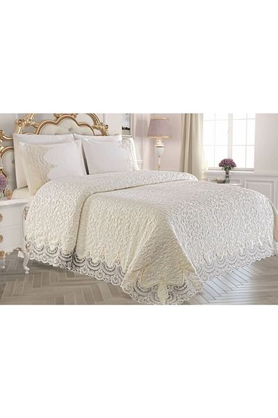 Kelebek Double Lace Blanket Set with Dowry Box, Light Cream Color