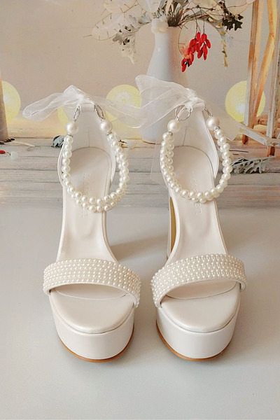 Modavien Kadın 13 Cm Platform ekru bilekten incili Gelin Ayakkabısı