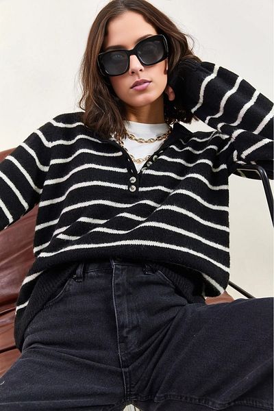 KURGAN TEKSTİL Women's Buttoned Collar Turtleneck Striped Knitwear Sweater