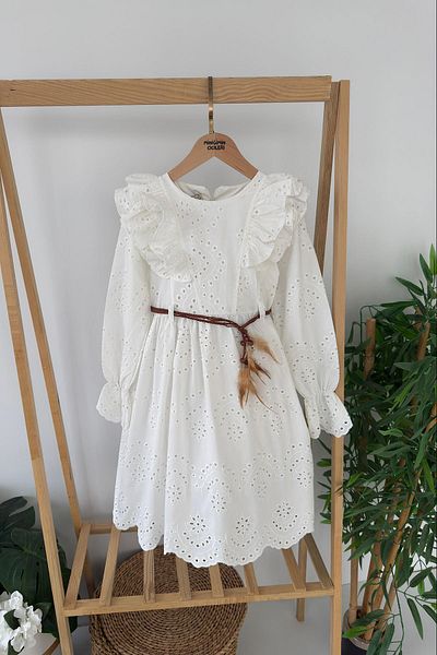 Minigimin Cicileri My Little One's Ciceleri (9-12 Years Old) Girl's Dress with Brode Belt - White