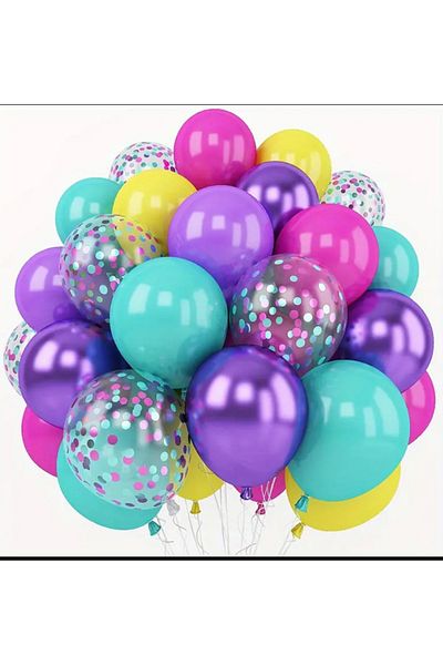 Çemrek Süs Parti Fuchsia Purple Turquoise Yellow Transparent Sequin Colorful Balloon Harness Set of 25