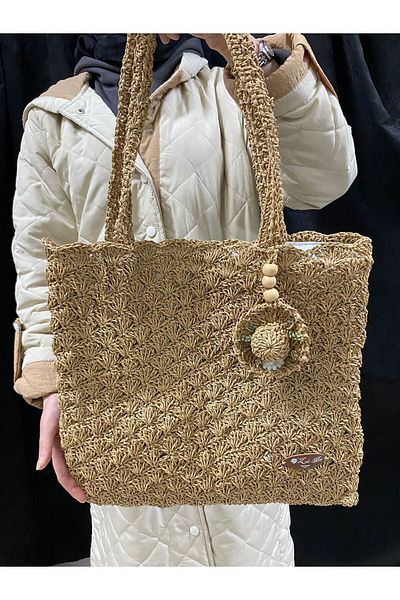 Ramada Çanta Paper Rope Fan Patterned Women's Straw Shoulder Bag