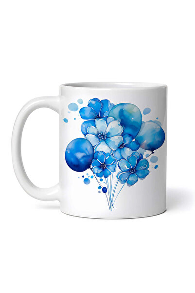 OEM Cană albă personalizată, flori albastre și baloane, INOVATIX®. 330ml