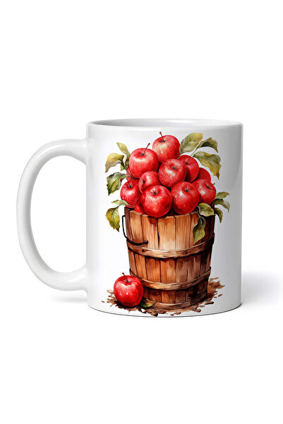 OEM Cană albă personalizată, găleată de lemn cu mere roșii, INOVATIX®. 330ml