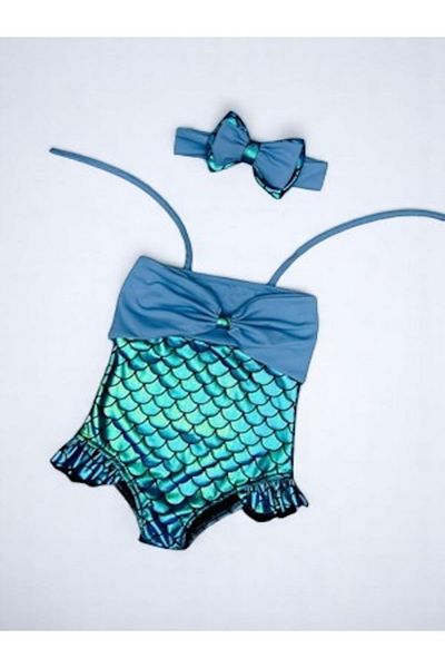MİLAYS LİFE HOME COLLECTİON Turquoise Buckle Fish Model Swimsuit for Girl - Neck Tie
