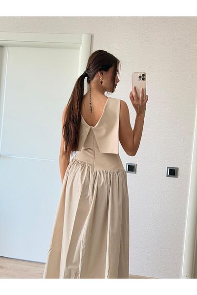 FMN Moda Stylish Midi Length Waist Hugging Backless Asymmetrical Detail Flared Skirt Design Equivalent Model Evening Dress