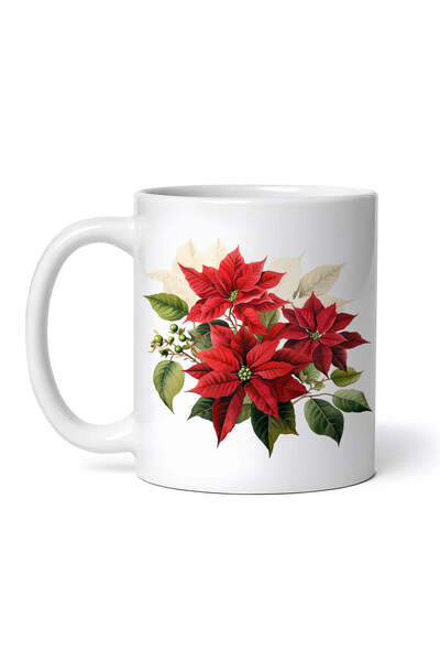 OEM Cană albă personalizată, flori roșii de Crăciun cu frunze albe, INOVATIX®...