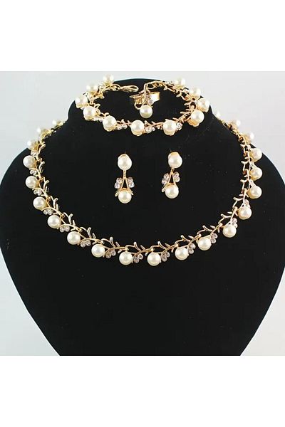 Yıldız Accessory مجموعة من 4 قطع من الذهب اللؤلؤي (قلادة وسوار وحلق وخاتم) تصميم أنيق لتنظيم خطوبة الزفاف للسيدات