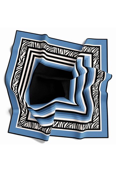 VİOLLA Indigo Color Twill Scarf - Zebra and Stripe Print, 90X90, Silk Free