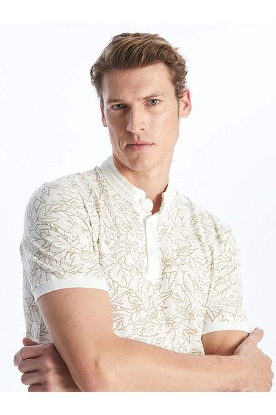 LC Waikiki Southblue Ecru Judge Collar Short Sleeve Patterned Men's T-Shirt