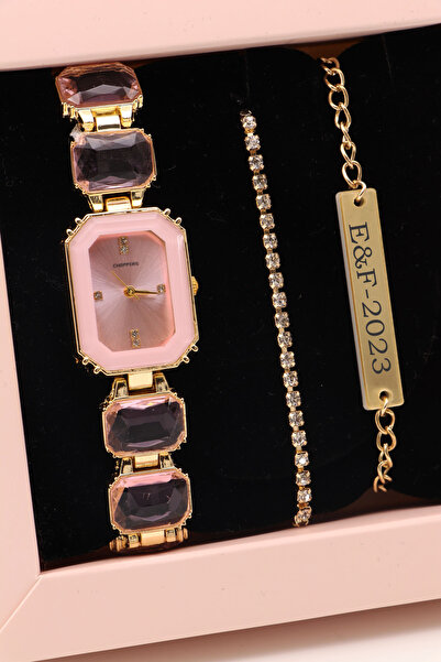 Northwatch Pembe Taşlı Gold Kol Saati-Baget Bileklik Kombin Set