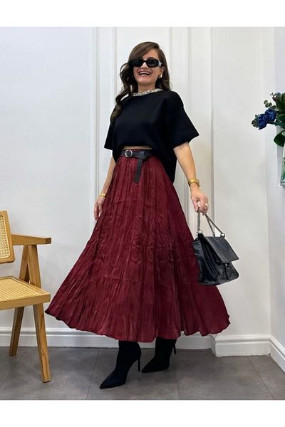 leyla sanat sanata yeni bir bakış açısı Leyla Art a New Perspective on Art Midi Length Pleated Satin Burgundy Skirt