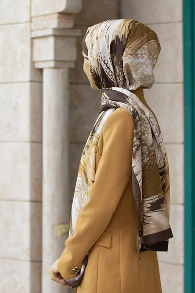 Vissona Luxury Medina Silk - Μοτίβο πινέλου, Καφέ, 75x195cm, Χωρίς ζάρες Σάλι Moss Crepe Τύπος Ραπτικής Ιταλικής D