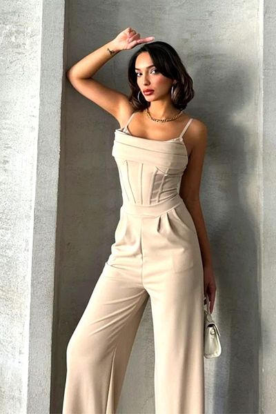 FashionForYou Oralia Evening Jumpsuit, With Thin Straps And Highlighted Waist, Cream, Size S/m