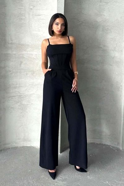 FashionForYou Used Jumpsuit Oralia, With Thin Straps And Highlighted Waist, Black, Size S/m