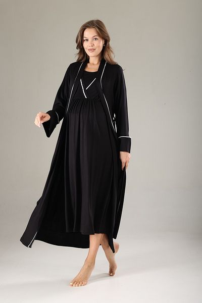BLACKMORE Black Piping Double Breasted Hidden Breastfeeding Maternity Nightgown-Dressing Gown Set of 2
