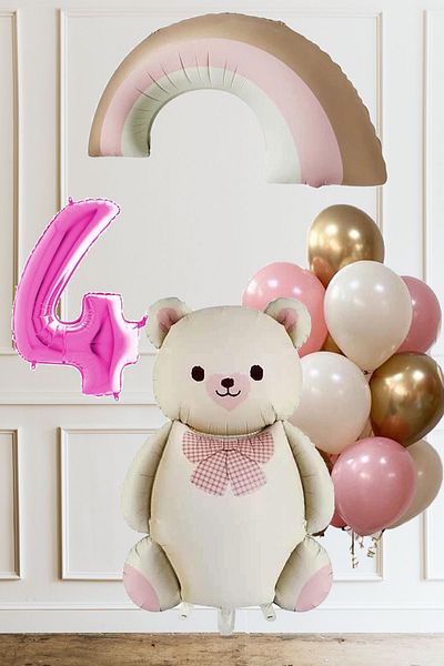 Atölye Mi 4Th Birthday Cream Bow Tie Bear Balloon Set with Pink Rainbow and 10 Balloons