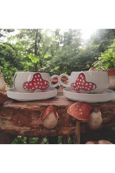 Home Ceramic Handcrafted Large Mushroom Patterned Cup Set for 2 People with Plate