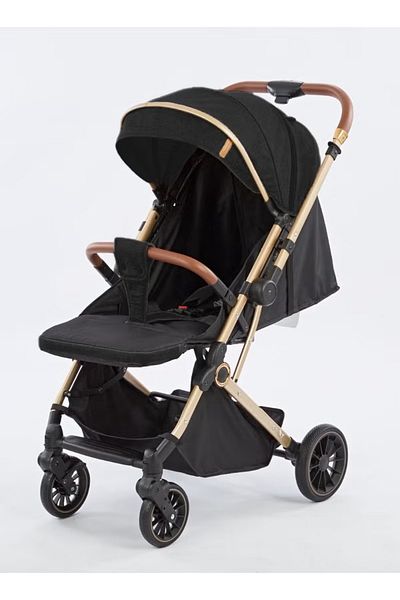 BabyCara Reversible Baby Stroller For Travel With Wide Cannop, Golden Frame, Big Basket One Touch Fold Black