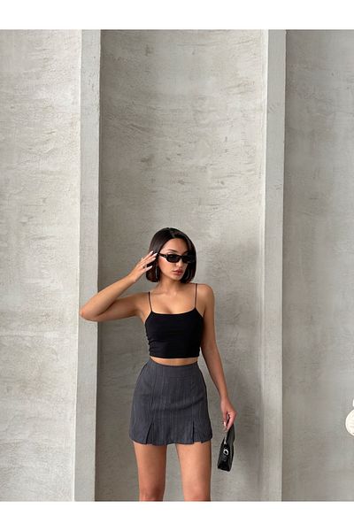 Miss Prova Slit Detail Linen Blended Mini Shorts Skirt Mıssetk2640