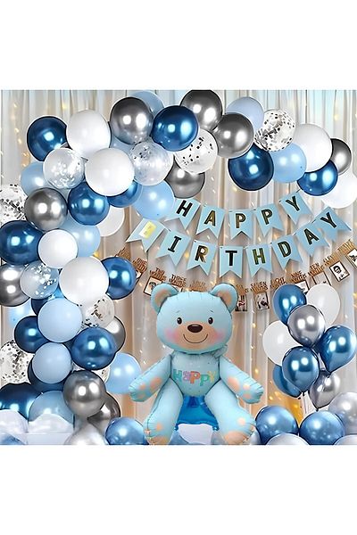 Ezgi Party Store Luxury Animal Themed Blue Sitting Bear Birthday Concept Party Set with Foil Balloons
