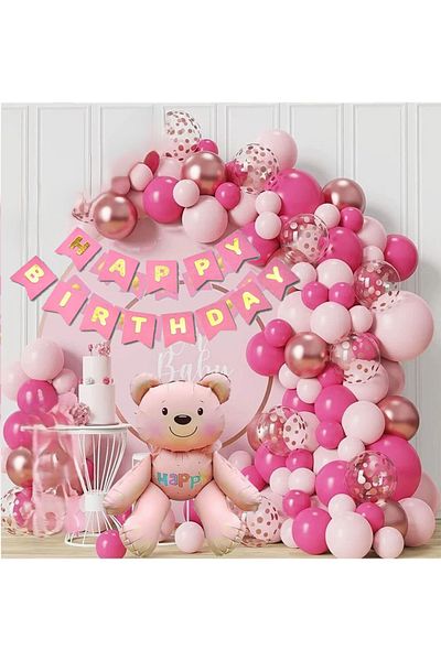 Ezgi Party Store Luxury Animal Themed Pink Sitting Bear Birthday Concept Party Set with Foil Balloons
