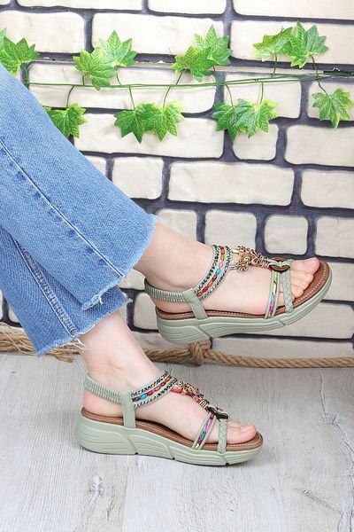 Vojo Bead Talpă confortabilă Bead Stone Detaliat Sandale elastice pentru femei Verde