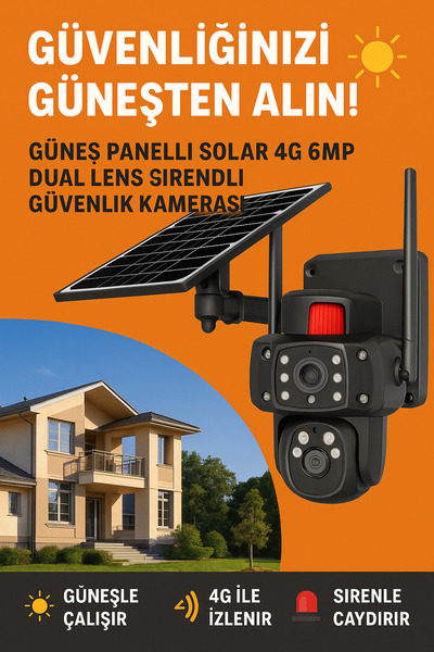 POLYBOTUM Güneş Panelli Solar 4G 6MP Dual Lens Sirenli Güvenlik Kamerası