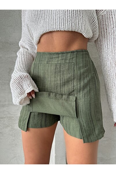 Miss Prova Slit Detail Linen Blended Mini Shorts Skirt Mıssetk2640