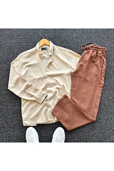 tetramoda Men's Crinkle Linen Shirt Pants Set Set of 2