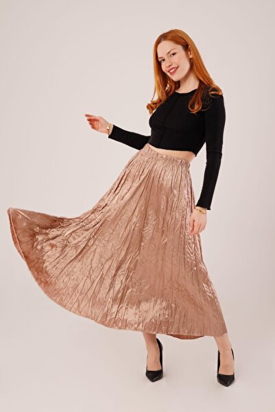 JANES Μίντι Μήκος Πλισέ Σατέν Μπρονζέ Φούστα