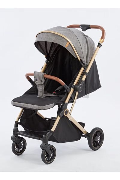 BabyCara Reversible Baby Stroller For Travel With Wide Cannop Golden Frame, Big Basket One Touch Fold Grey