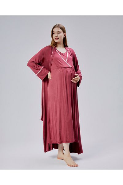 BLACKMORE Claret Red Ribbed Double Breasted Maternity Nightgown-Morning Gown Set of 2 with Hidden Breastfeeding Feature