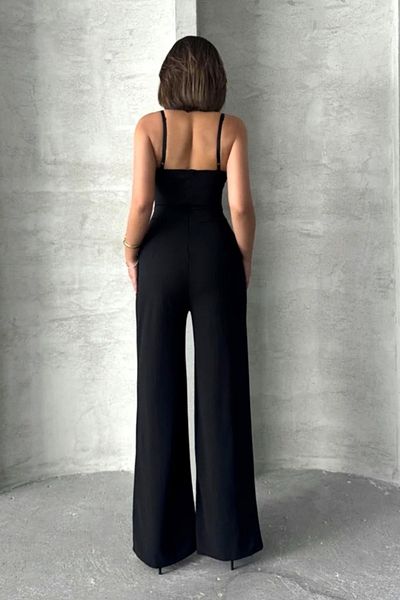 FashionForYou Used Jumpsuit Oralia, With Thin Straps And Highlighted Waist, Black, Size S/m