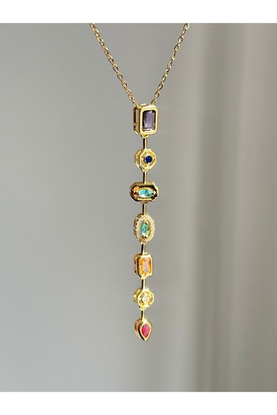 YOUES JEWELRY 316l Çelik 7 Element Y Kolye Renkli Taşlı Kadın Kolye