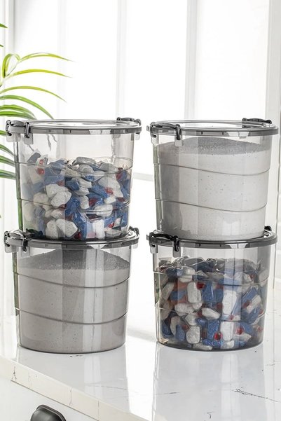 Stile Cucina Mega Size 4-Piece Round Flour Pulses Container - Detergent Storage Box with Handle 7 Liters Anthracite