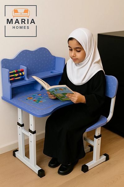 MARIA HOMES Blue Adjustable Kids Study Desk and Chair Set with Shelf and Abacus