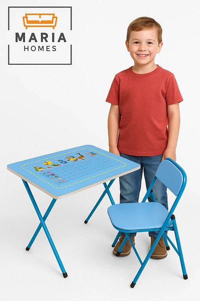 MARIA HOMES Blue Kids Study Table and Chair Set – Foldable Learning Desk with Educational Alphabet Print