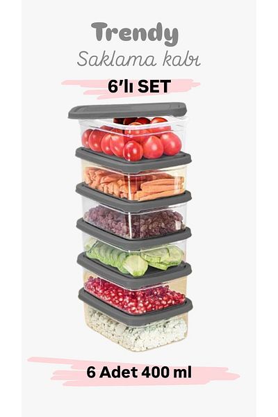 Doğuş Mutfak 6 Pieces Rectangular Food Storage Container - Microwave Suitable Organizer Organizer 400ml Gray