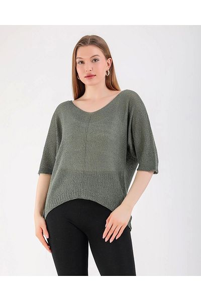 SUMEF Bat V-Neck Thin Knitwear Women's Blouse-Khaki