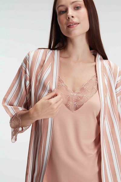 Anıl Women's v-neck viscose striped patterned summer knitted dressing gown pajama set with rope strap