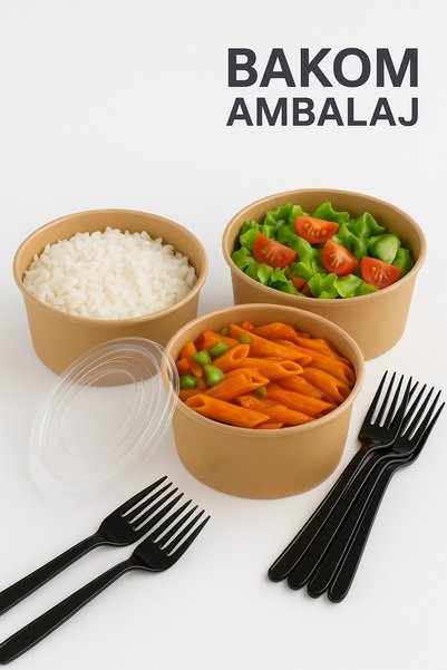 BAKOM AMBALAJ 10'lu 750 CC Organik Kraft Karton Salata Kasesi Kapaklı + 10'lu...