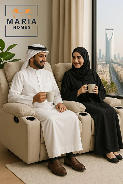 MARIA HOMES Beige Recliner Armchair with Cup Holders – Soft Fabric Reclining Chair for Living Room Relaxation