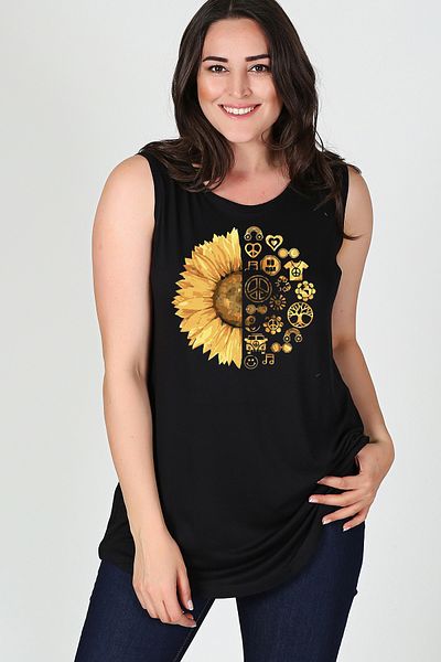 Curvy Trend Large Size Sun Flower Printed Sleeveless Viscose Basic Blouse