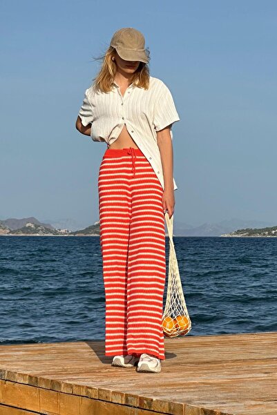 CHUBA Kadın İspanyol Paça Triko Flare Fit Çizgili Desenli Pantolon Turuncu-Vanilya 25S3027