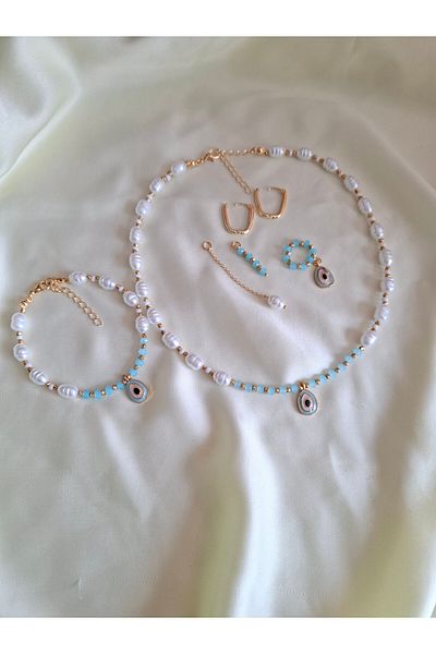 İPAR AKSESUAR Baroque Egg Pearl - Crystal Necklace Bracelet and Earring Set