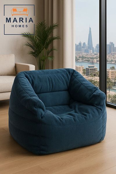 MARIA HOMES Dark Blue Corduroy Bean Bag Chair – Cozy Floor Lounger with Back and Arm Support