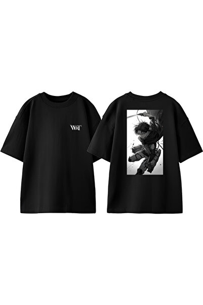 THEWERT Tricou negru oversize din bumbac cu imprimeu pe spate Attack On Titan...